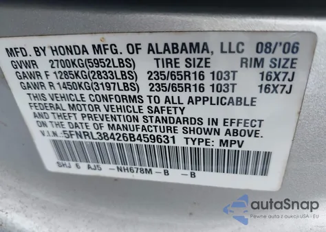 2006 Honda Odyssey Ex from USA, damaged, VIN 5FNRL38426B459631